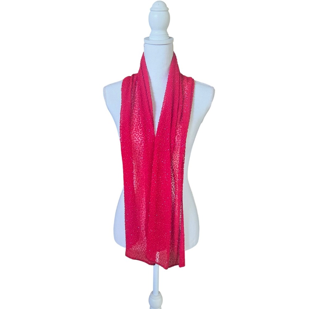 Vintage Red Beaded Shawl Scarf Sheer Mesh Whimsigoth 80s Flapper Coquette Vamp